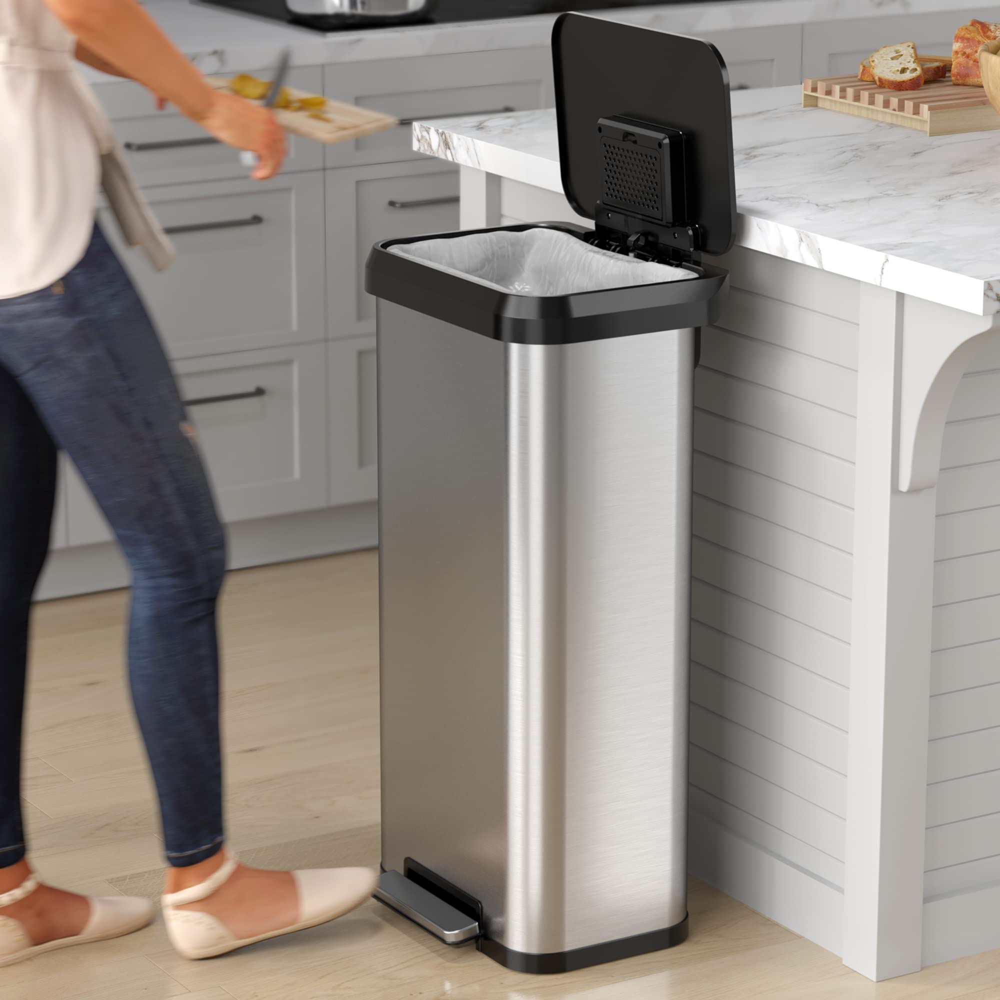 iTouchless 20 Gallon SoftStep 2.0 Kitchen Trash Can with AbsorbX Odor Absorber, Large Stainless Steel Step Pedal Garbage Bin wit